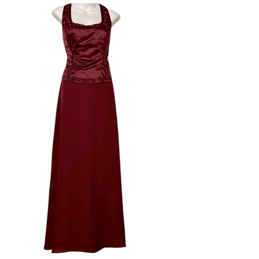 Rebecca Women’s Burgundy Merlot Dark Red Beaded Satin Sheer Formal Prom Gown L